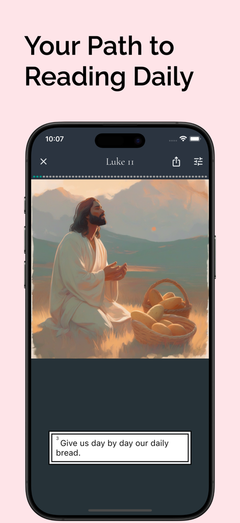 Brilliant Bible - Brilliant Bible app displaying an illustrated verse from Luke 11 with an oil painting style image of Jesus