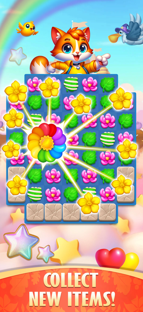 Blossom Sort 2026 - A colorful flower match-3 puzzle grid with a rainbow blossom effect and a cute cat character from the game Blossom Sort 2026.