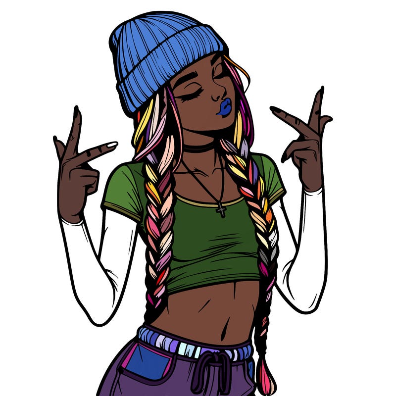 realistic teenage girl with braids and a beanie and crop top doing 🫶🏼