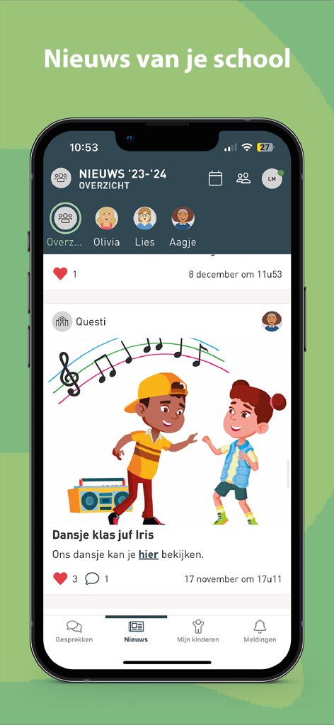Uma tela de celular do aplicativo Questi exibindo um feed de notícias da escola com uma postagem sobre uma festa de turma incluindo uma ilustração de crianças.