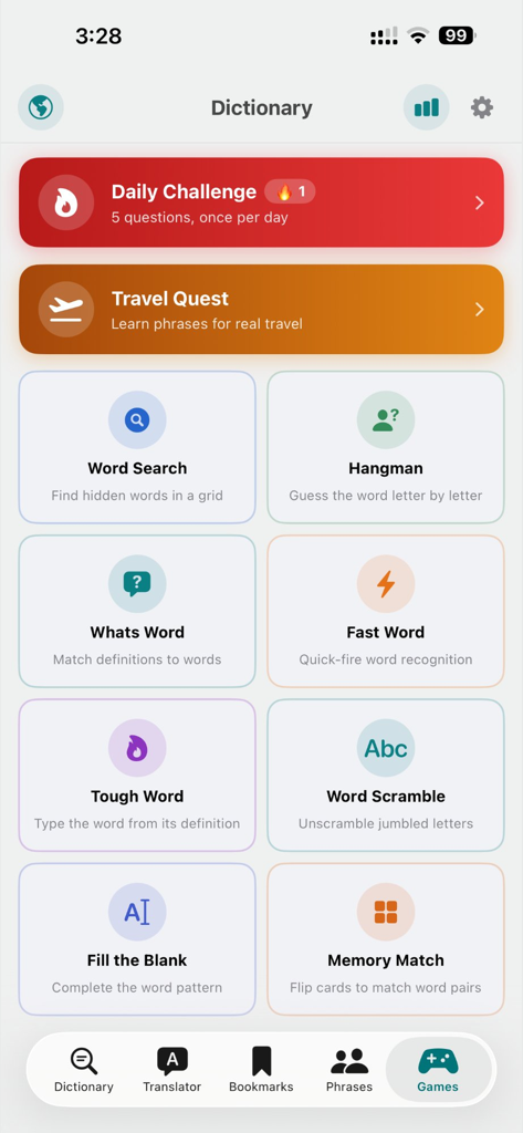 Dictionary & Translator Pro - Dashboard of vocabulary learning games including Word Search Hangman and Word Scramble in the Dictionary and Translator Pro app