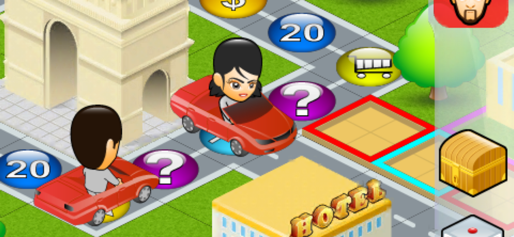 MILLIONAIRE TYCOON™ - Personnages de dessin animé en voitures rouges se déplaçant sur un plateau de jeu immobilier à Paris, présentant l'Arc de Triomphe