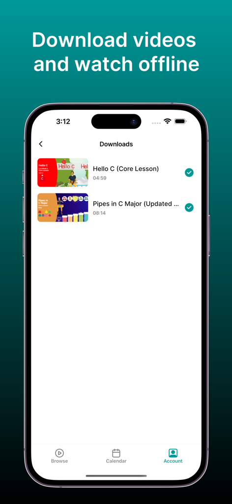 Prodigies app interface showing music lesson videos downloaded for offline viewing