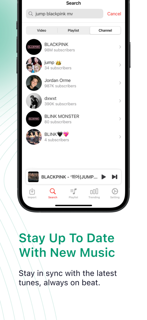 Tubidy - Offline Videos, Music - Search screen of the Tubidy app showing music video and channel results for a Blackpink search query.