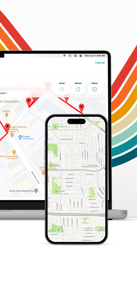 Find My Friends Phone - iMapp - iMapp application showing real-time GPS location tracking on a smartphone and laptop