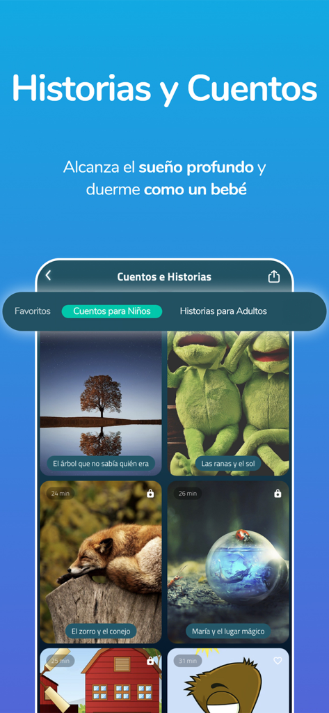 Relax Moment Dormir y Meditar - Interfaz de la aplicación Relax Moment que muestra cuentos para dormir y relatos en español para niños y adultos