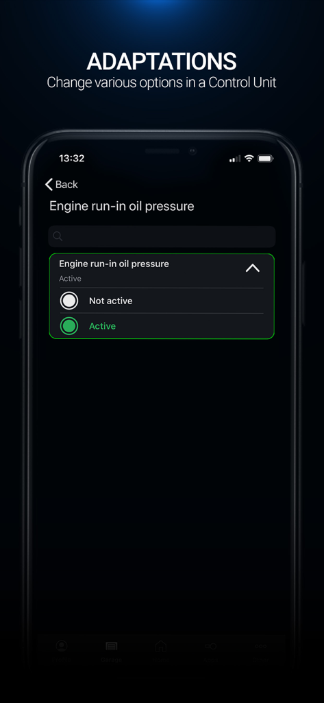 OBDeleven VAG Car diagnostics - Smartphone screen of the OBDeleven app showing car control unit adaptation settings for engine oil pressure.