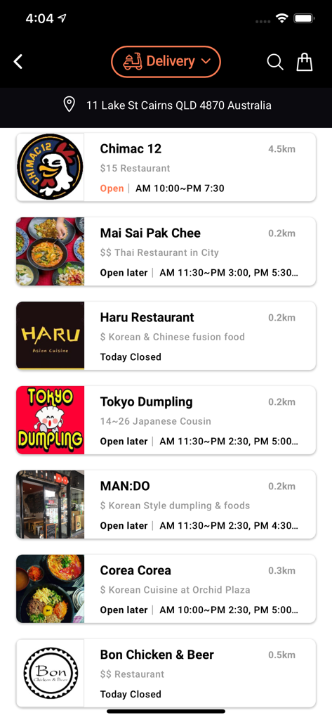 Order Now - Takeaway, Delivery - 영업 시간 및 거리가 표시된 지역 레스토랑 배달 및 포장 목록을 보여주는 모바일 앱 화면