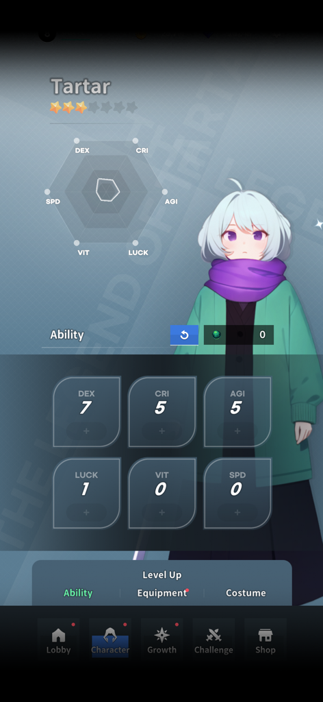 Character profile screen of Tartar showing ability stats and attribute graph in an adorable anime-style interface.