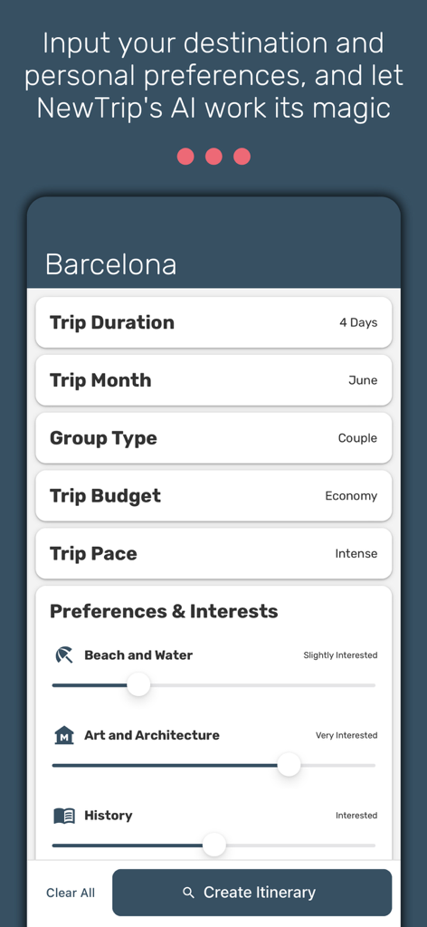 NewTrip - Interface of the NewTrip app showing travel preferences for a Barcelona trip including duration budget and interests