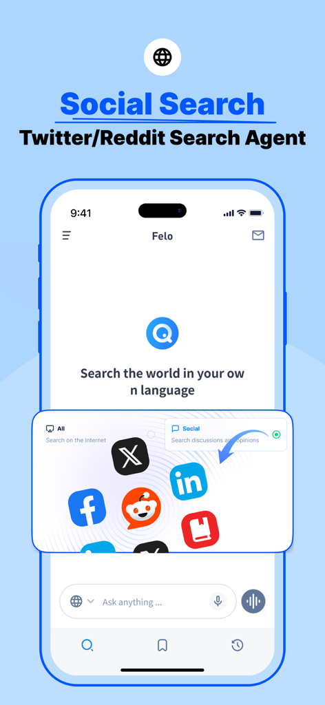 Felo - Search the world - Función de búsqueda social de la aplicación Felo para navegar por discusiones de Twitter y Reddit