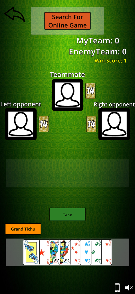 Tichu online and offline - Gameplay screen of Tichu online and offline with card hand and multiplayer layout