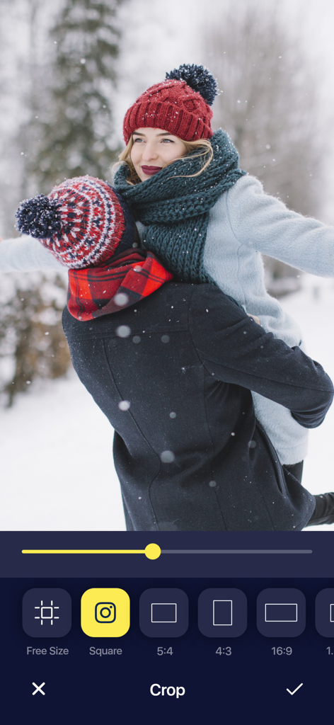 Video Editor & Maker For YT - Mobile app interface showing social media crop presets and aspect ratio options for video and photo editing.