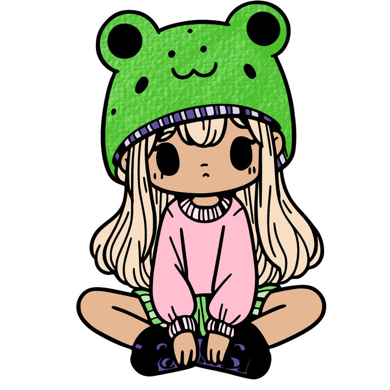 a girl wearing a frog hat and some frog socks