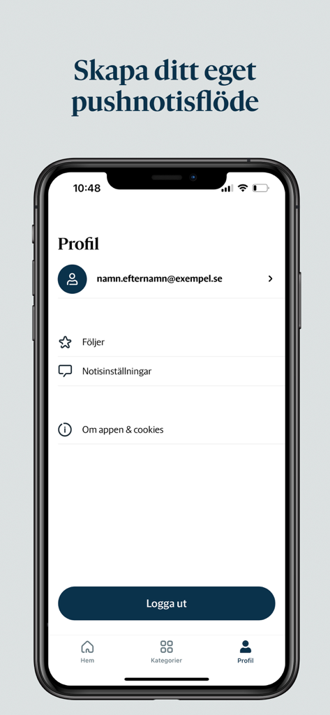 Pantalla de perfil de usuario y configuración de notificaciones en la aplicación de noticias Hallandsposten.