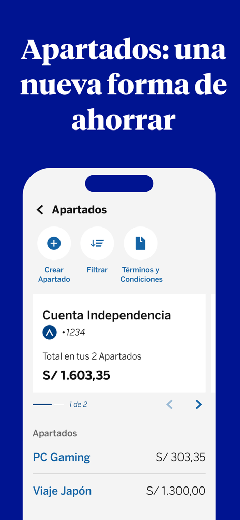 BBVA Perú | Banca Móvil - L'interface de l'application mobile BBVA Pérou présente des compartiments d'épargne pour différents objectifs financiers.