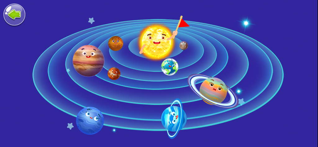 Kids Explore Planets & Space - A cartoon illustration of the solar system with friendly-faced planets orbiting a smiling sun