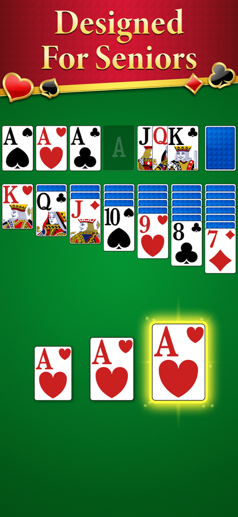 Interfaz del juego Solitario con cartas extragrandes y fuentes en negrita diseñadas para personas mayores