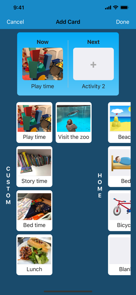 La pantalla Agregar Tarjeta de la aplicación Now and Next que muestra una biblioteca de íconos de actividades personalizados y del hogar.