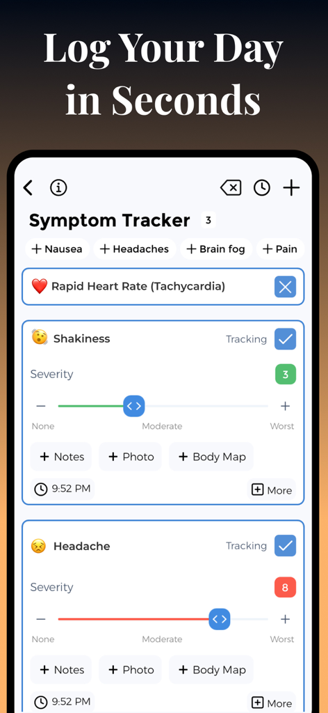 POTS Tracker - Tachycardia - Schermata del tracker dei sintomi nell'app POTS Tracker che mostra cursori di gravità per tremori e mal di testa