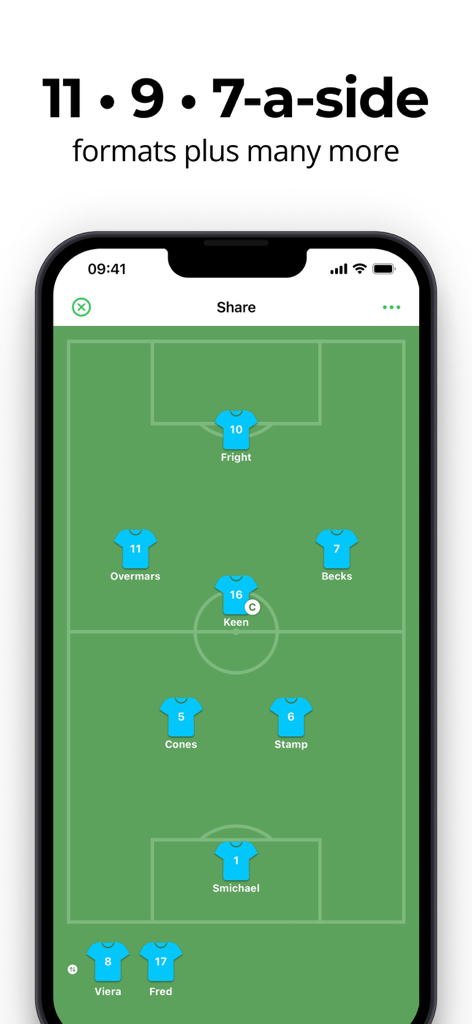 Soccer Line Up Builder - Pro - Mobile app screen showing a 7-a-side soccer pitch formation with player icons and names