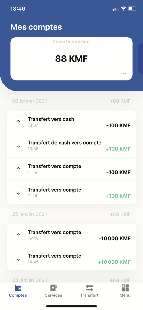 A interface do aplicativo de mobile banking HOLO exibindo o saldo atual da conta do usuário e o histórico de transações.