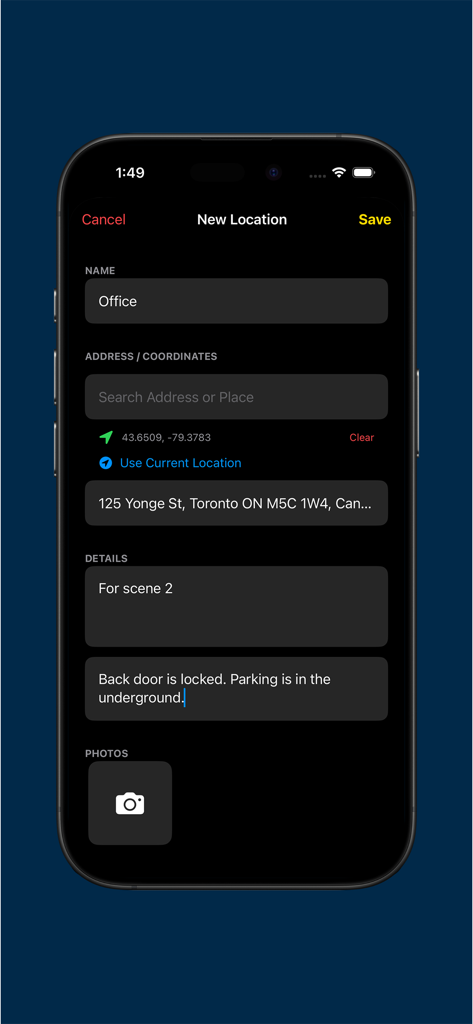 DOPro: Director’s Viewfinder - A professional location scouting interface in the DOPro app showing fields for location name, address, and production scene details.