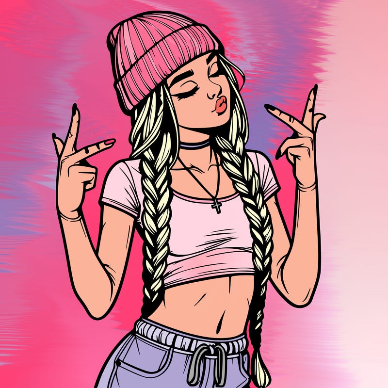 realistic teenage girl with braids and a beanie and crop top doing 🫶🏼
