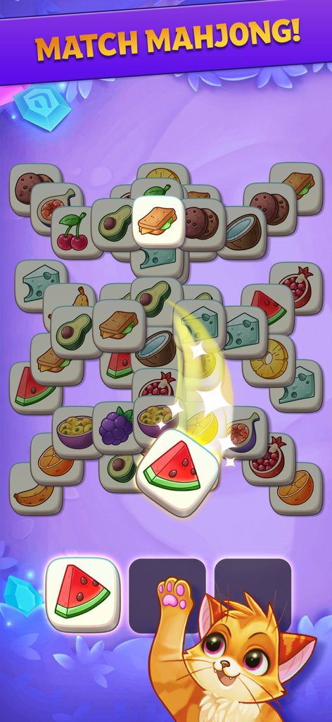 Ein Gameplay-Screenshot von Mahjong Treasure Quest zeigt Kacheln mit Lebensmittelmotiven und den Charakter Kater Oliver