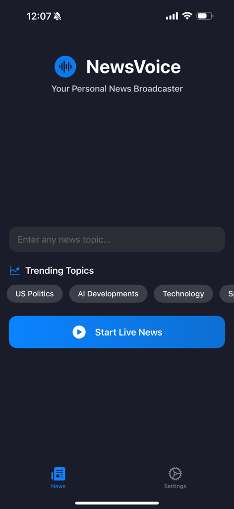 NewsVoice KI-App-Startbildschirm mit einer Nachrichten-Suchleiste, Trendthemen und einer Schaltfläche zum Starten von Live-Nachrichten