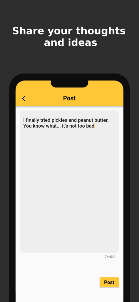 Hoot - Social Made Local - A smartphone screen showing the Hoot app interface for creating a new anonymous post with a text about trying pickles and peanut butter.