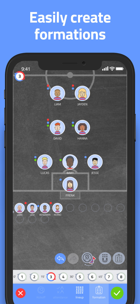Mobile app interface for creating soccer formations and lineups with player icons on a field