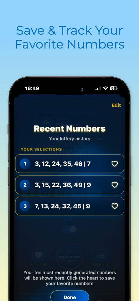 JackpotAI: Lottery Predictor - A mobile app interface for JackpotAI showing a list of recent lottery numbers with heart icons to save them as favorites.