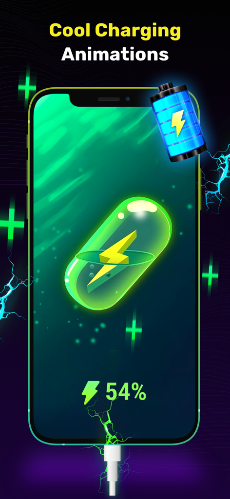 Ringtones & Live Wallpaper - A smartphone screen displaying a neon green charging animation with a lightning bolt icon