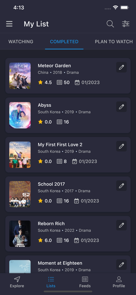 A screenshot of the MyDramaList app showing a user's completed list of Asian dramas including Meteor Garden and Reborn Rich with their ratings and episode counts.