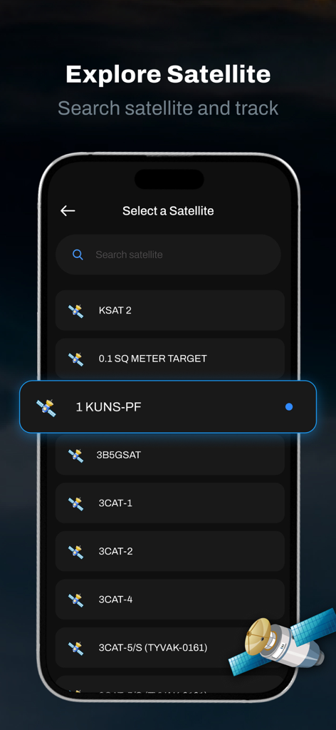 Zoom Earth Live Weather Map - Zoom Earth Live Weather Mapアプリ内で選択および追跡できる衛星のリストを表示するスマートフォン画面