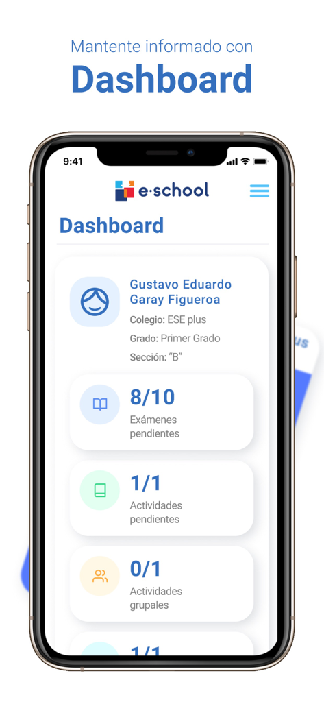 eschool padres - El panel de control de la aplicación eschool padres que muestra el perfil de un estudiante y los contadores de tareas académicas en un iPhone.