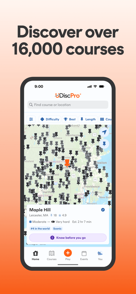 UDisc app interface showing a map of disc golf courses and local ratings