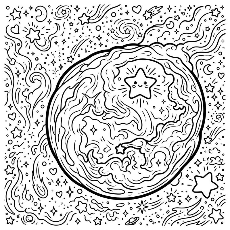 Dive into a universe of cuteness with this charming Kawaii Bubble Nebula coloring page, perfect for space enthusiasts of all ages. Enjoy bringing vibrant life to adorable celestial bodies and swirling cosmic patterns.