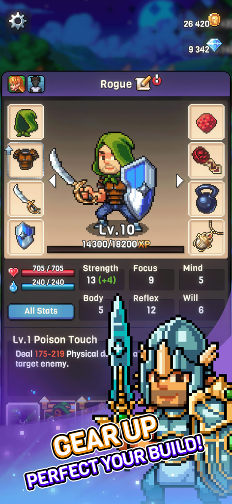 Knights of Pen and Paper 3 - Pantalla de personalización de personaje Pícaro de nivel 10 en Knights of Pen and Paper 3 mostrando equipo y estadísticas pixelados