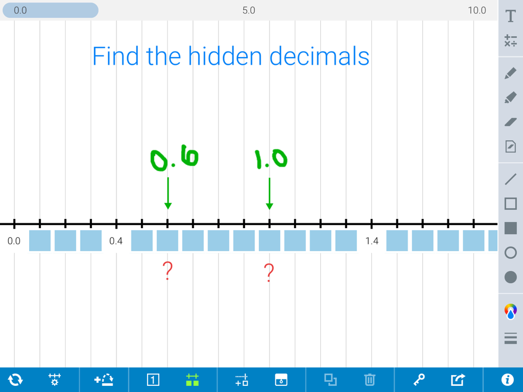 A virtual number line with hidden decimal values and handwritten green answers showing zero point six and one point zero.