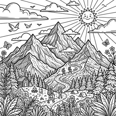 Get ready for a summer adventure with this intricate dot work mountain coloring page, showcasing a vibrant hiking scene under a cheerful sun. Discover the joy of bringing this detailed landscape to life, perfect for relaxing and expressing your creativity during the warmer months.