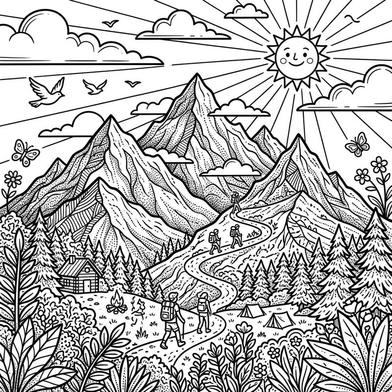 Get ready for a summer adventure with this intricate dot work mountain coloring page, showcasing a vibrant hiking scene under a cheerful sun. Discover the joy of bringing this detailed landscape to life, perfect for relaxing and expressing your creativity during the warmer months.