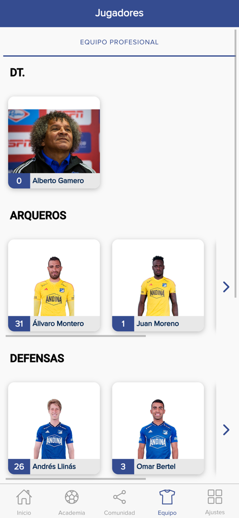 Millonarios - Mobile app screen showing Millonarios FC professional team roster with players and coaching staff