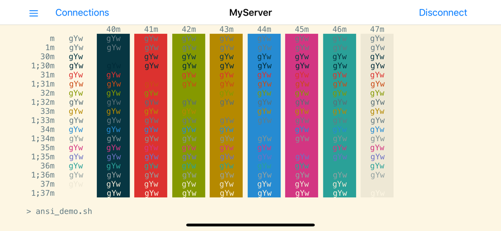 SecureCRT - SecureCRT mobile interface showing an ANSI color test script output in a terminal session