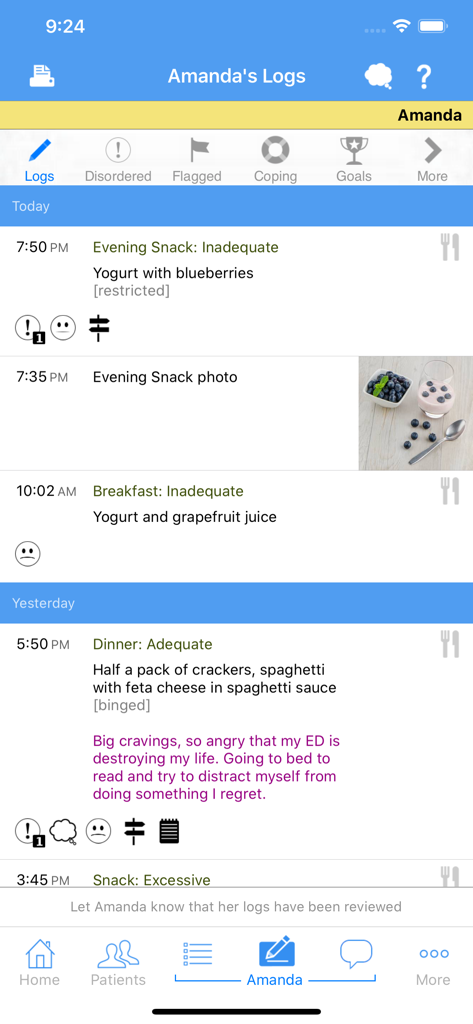 Recovery Record for Clinicians - Clinician interface showing patient meal logs and food photos in the Recovery Record app