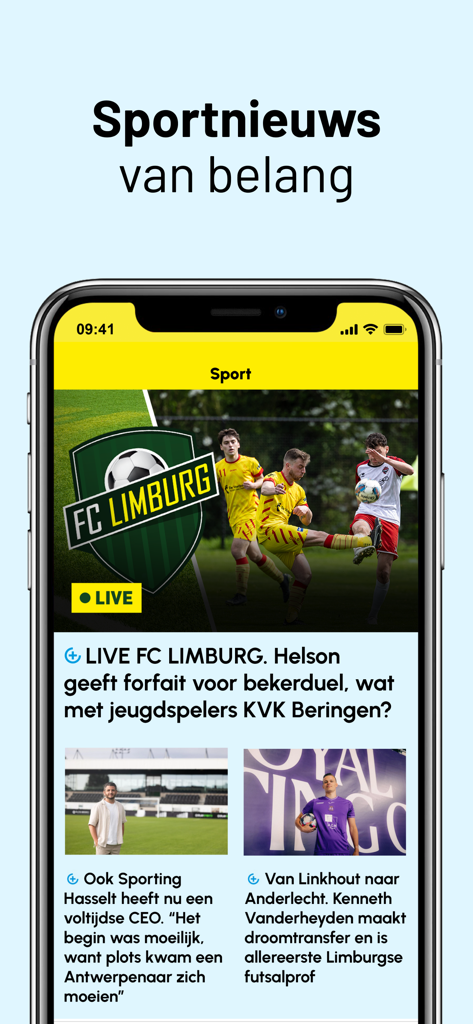 HBVL Nieuws - Section sports de l'application HBVL Nieuws affichant les actualités footballistiques en direct sur un iPhone