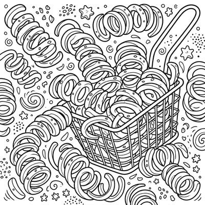 Unleash your creativity with this delightful coloring page featuring a generous serving of seasoned curly fries. Perfect for a relaxing activity, this illustration captures the playful spirit of everyone's favorite spiral snack.