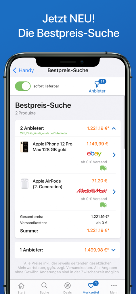 billiger.de app interface showing the best price search results for an iPhone and AirPods