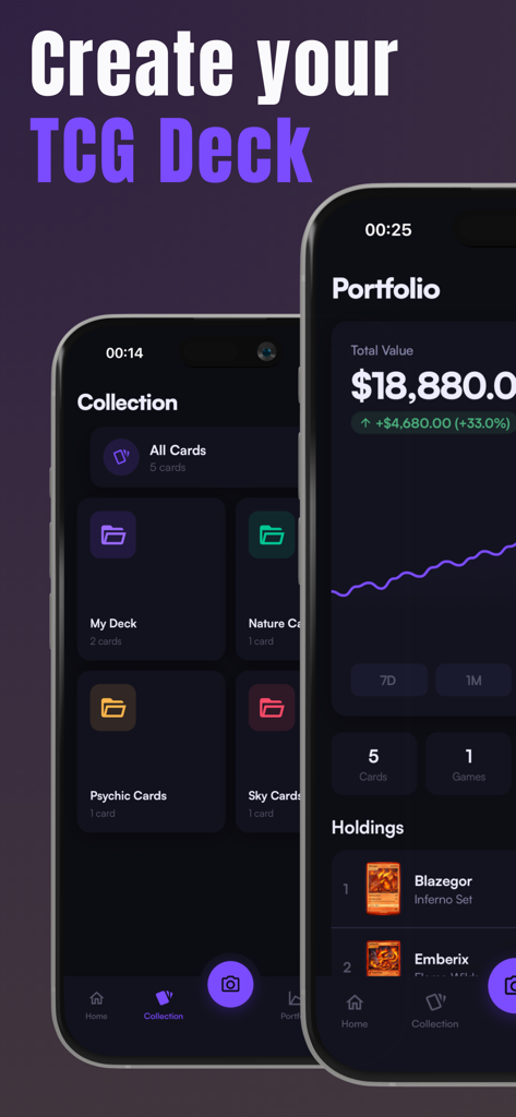 Cardex - TCG Card Scanner - Cardex app interface showing TCG card collection folders and portfolio value tracking